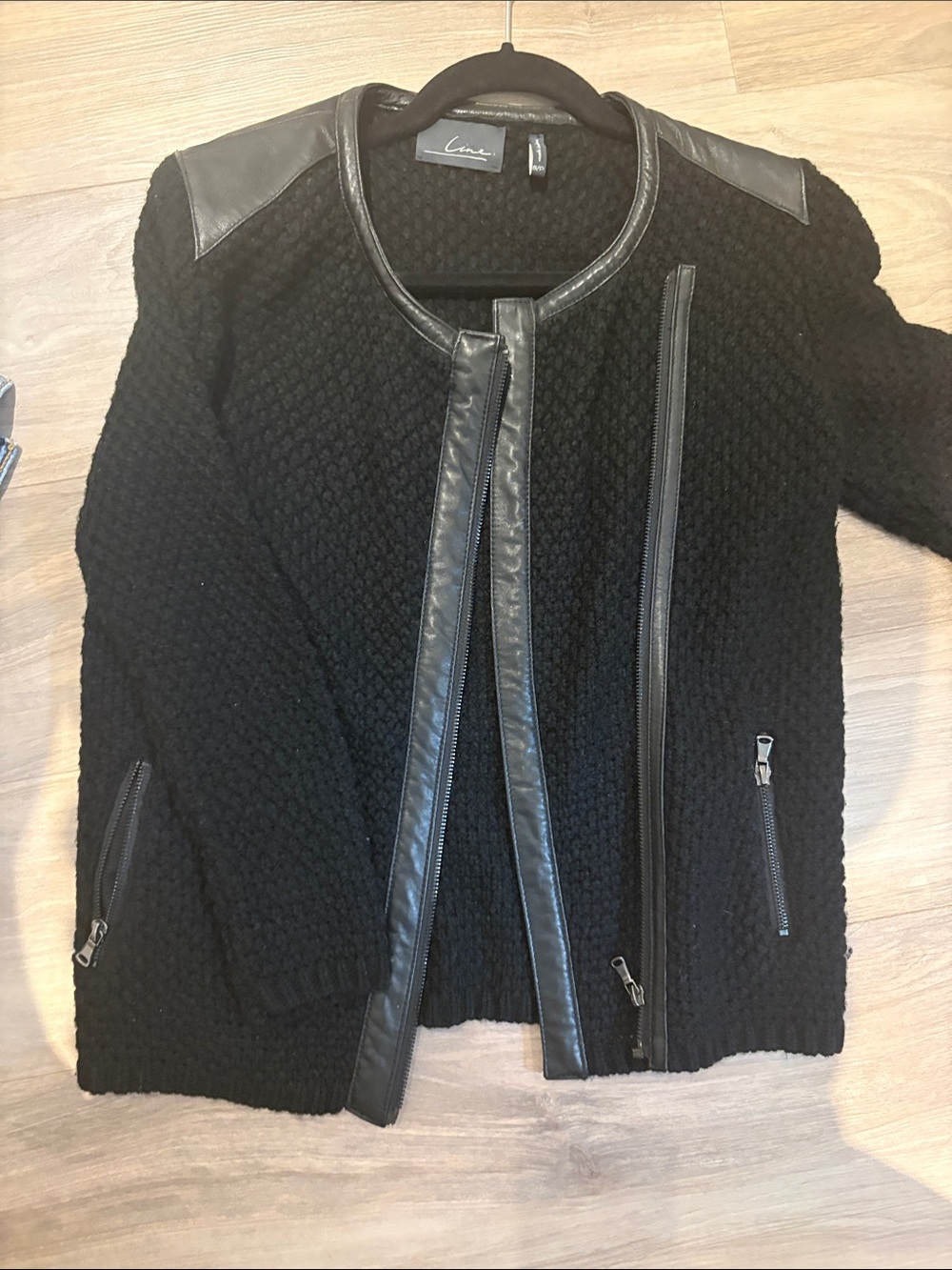 Black Leather-Trim Knit Jacket by Claire